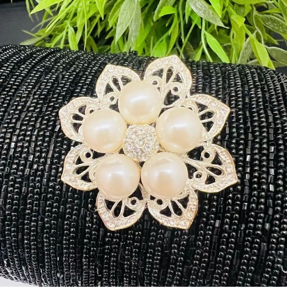 Vintage Large Filigree Pearl Flower Floral Silver Tone Brooch unsigned 4219